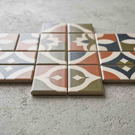 Colorful ceramic tiles on the floor. Ceramic tiles background.