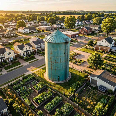 Aerial view of a silo in the middle of a small town