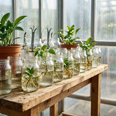 Plants growing in glass jars on a wooden shelf in a greenhouse