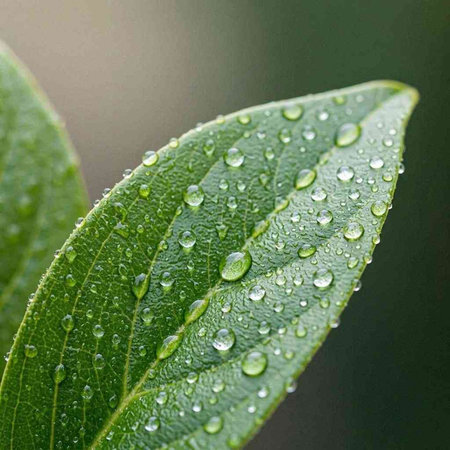 Water drops on a green leaf. Shallow depth of field.