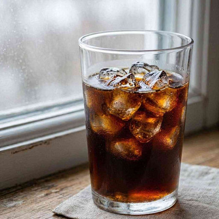 Glass of cola with ice cubes on a wooden window sill.