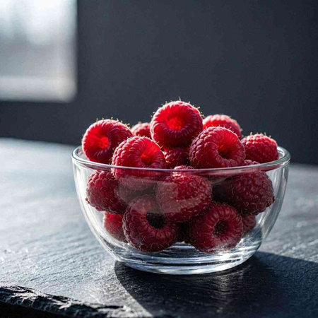 Raspberries in a glass bowl on a dark background. Selective focus.