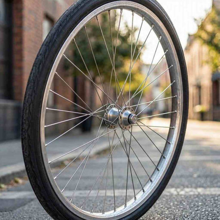Closeup of a bicycle wheel on the street in the city.