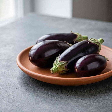 Fresh purple eggplants in a ceramic plate on a gray background