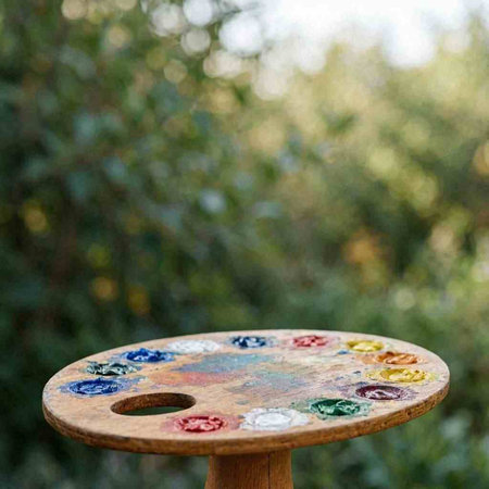 Paint palette on a wooden stool in the garden with a blurred background