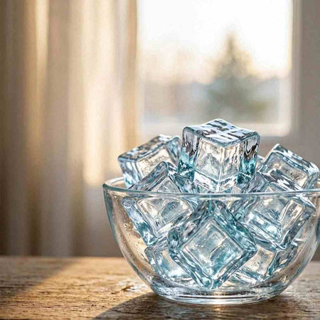 Cubes of ice in a glass bowl on a wooden table.