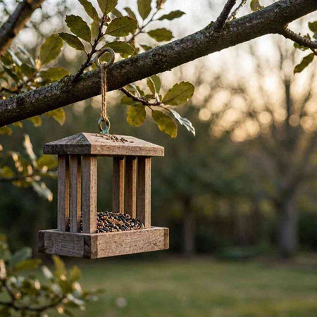 A bird feeder on a tree in the garden. Selective focus.