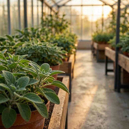 Sage plants in pots in a greenhouse. Growing herbs in the garden.