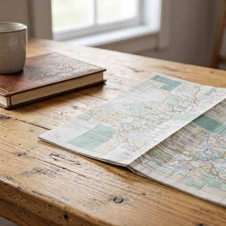 Vintage map with cup of coffee on wooden table. Travel concept
