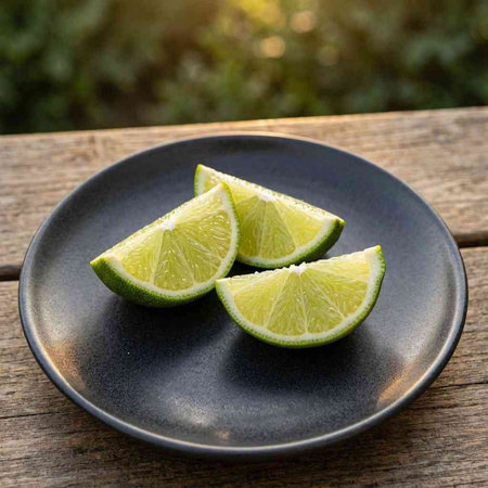 Lime slices on a black plate on a wooden table in the garden