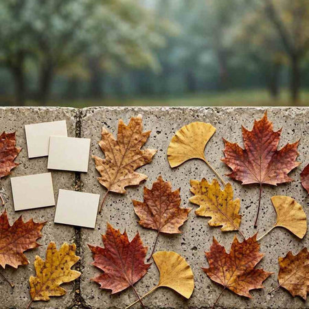 Autumn leaves on a concrete wall with blank cards. Autumn background