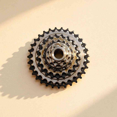 Bicycle gear wheel on beige background. 3D rendering.
