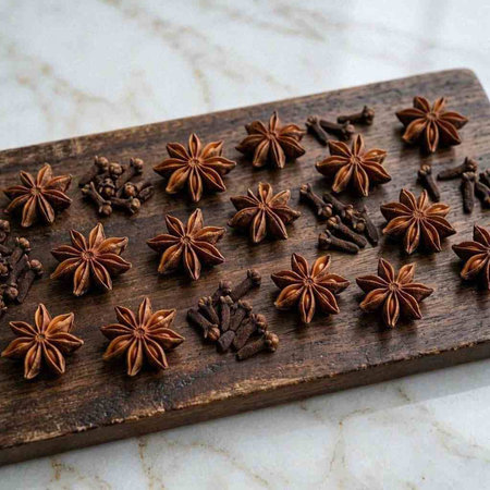 Star anise and cloves on a wooden board. Top view.