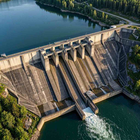 Aerial view of hydroelectric power station. Hydroelectric power station.