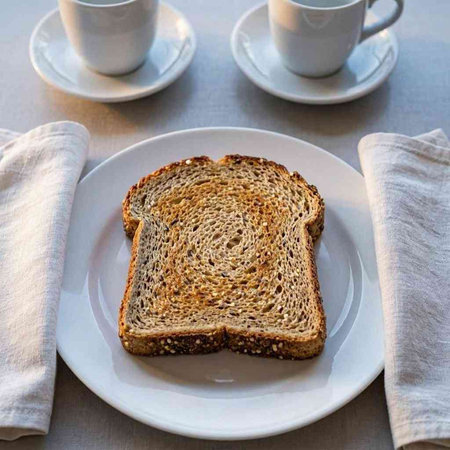 Slices of whole wheat bread on a white plate with two cups of coffee