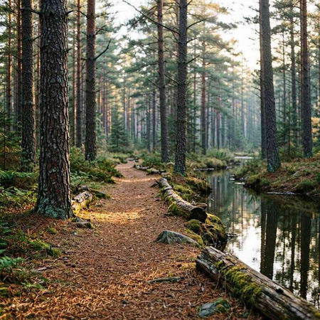 Pine forest in the morning light with a path in the foreground