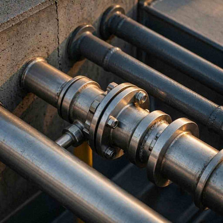 Close-up of pipes and valves of a water treatment plant.