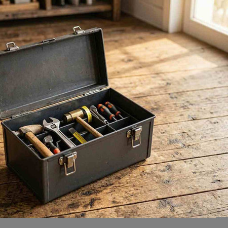 Toolbox on the wooden floor with copy space for your text.