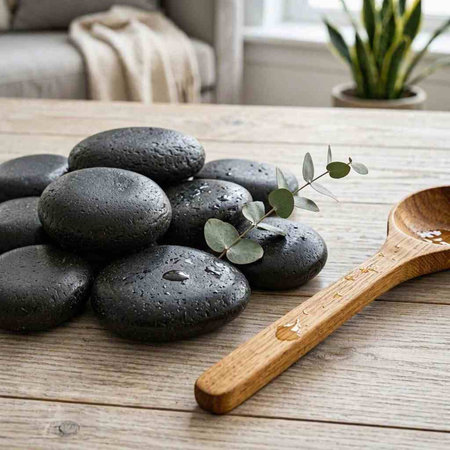 Spa stones with eucalyptus branch and wooden spoon
