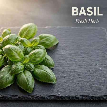 Fresh basil on black slate board, selective focus, copy space.