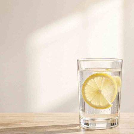 Glass of water with lemon on wooden table and white wall background.