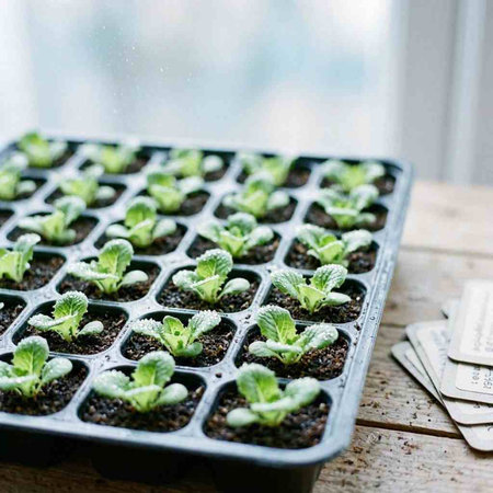 Young sprouts of cabbage in a plastic tray on a wooden table