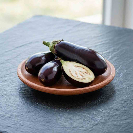Aubergine or aubergine on a rustic plate