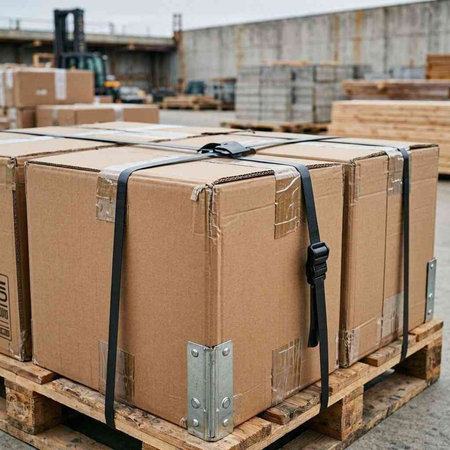 Cardboard boxes on a pallet in a warehouse. Stock photo