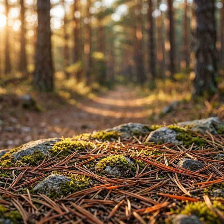 Mossy ground in a pine forest at sunset. Selective focus.
