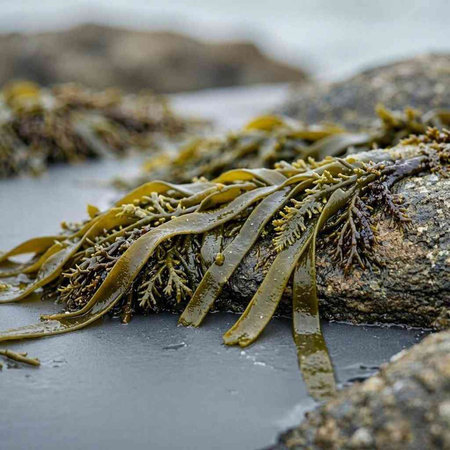 Seaweed on a rock at low tide in Brittany, France