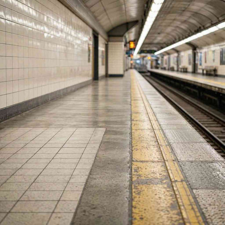 Subway station platform with blurred motion of train arriving in the station