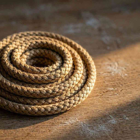 Rope on the wooden floor, close-up, selective focus