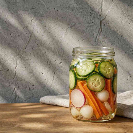 Cucumber, carrot, radish and onion in a glass jar on a wooden board
