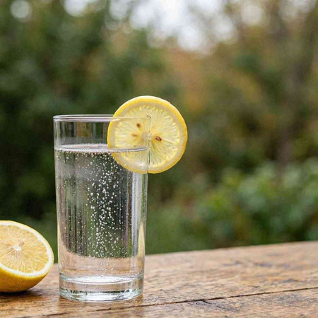 A glass of water with lemon on a wooden table in the garden