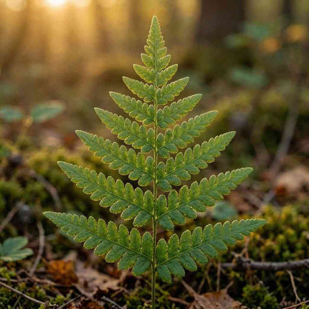 Fern in the forest at sunset. Beautiful green fern leaf