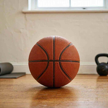Basketball ball on the floor with a kettlebell in the background