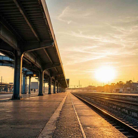 Railway station at sunset. Railway platform at sunset. Railway station