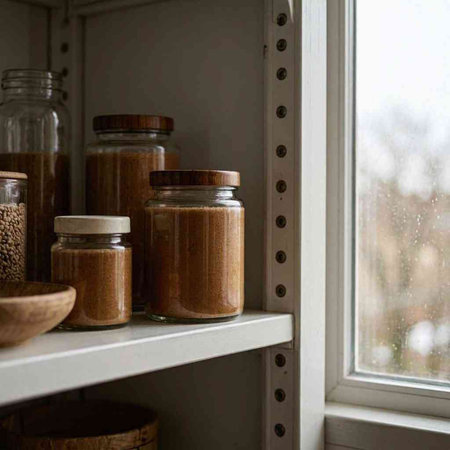 Various brown powders in glass jars on the shelf in the kitchen