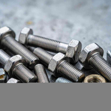 Metal bolts and nuts on a gray background. Close-up.
