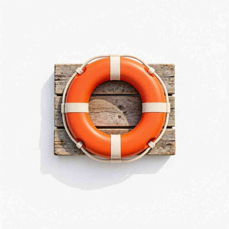 Orange lifebuoy on a wooden pallet.