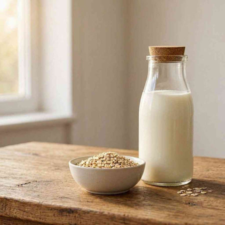 Oat milk in a glass bottle and oatmeal in a bowl on a wooden table