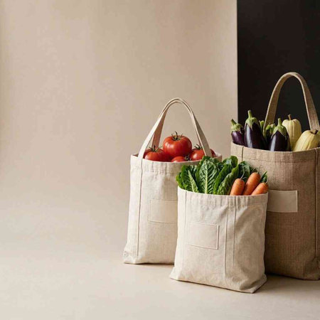 Zero waste shopping concept. Eco friendly shopping bags with fresh organic vegetables on beige background.
