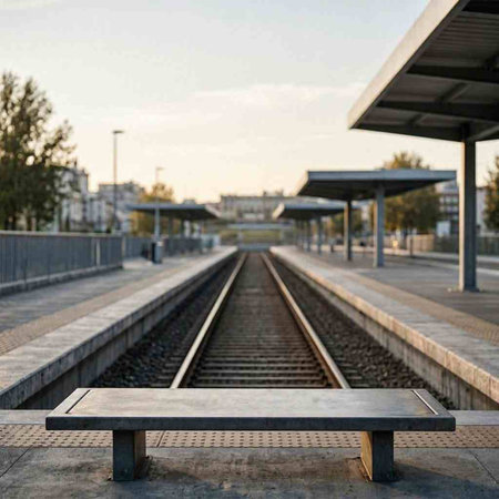 Empty wooden bench on the platform of a railway station in the city