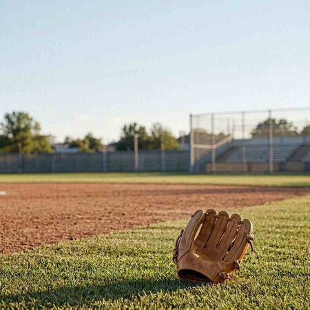 Baseball glove on a field with a blurred net in the background