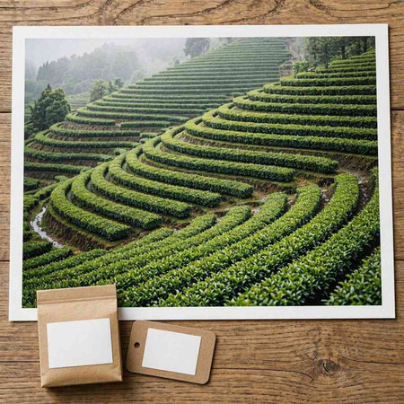 Designer concept - top view of tea plantation with blank card on wooden background