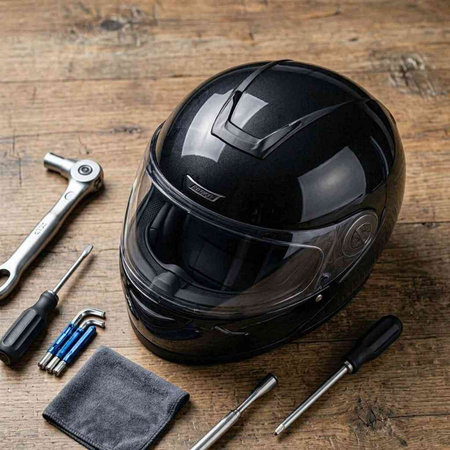 Black motorcycle helmet and tools on a wooden background. Top view.