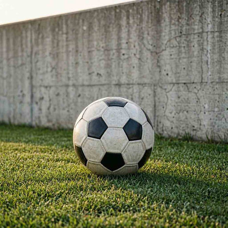 Soccer ball on green grass with concrete wall in the background.
