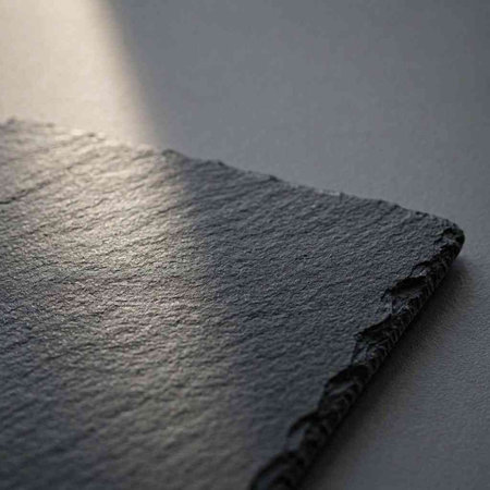 Black slate plate with shadow on grey background. Close-up.
