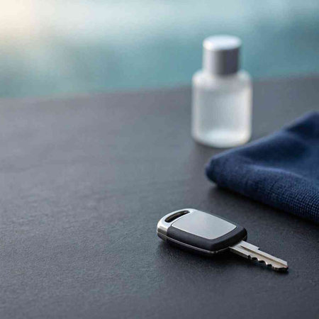 Car key with remote control and a blue towel on a black background