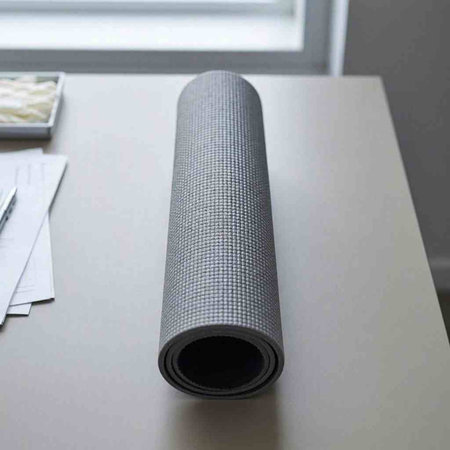 A roll of yoga mat on a white table. Close-up.